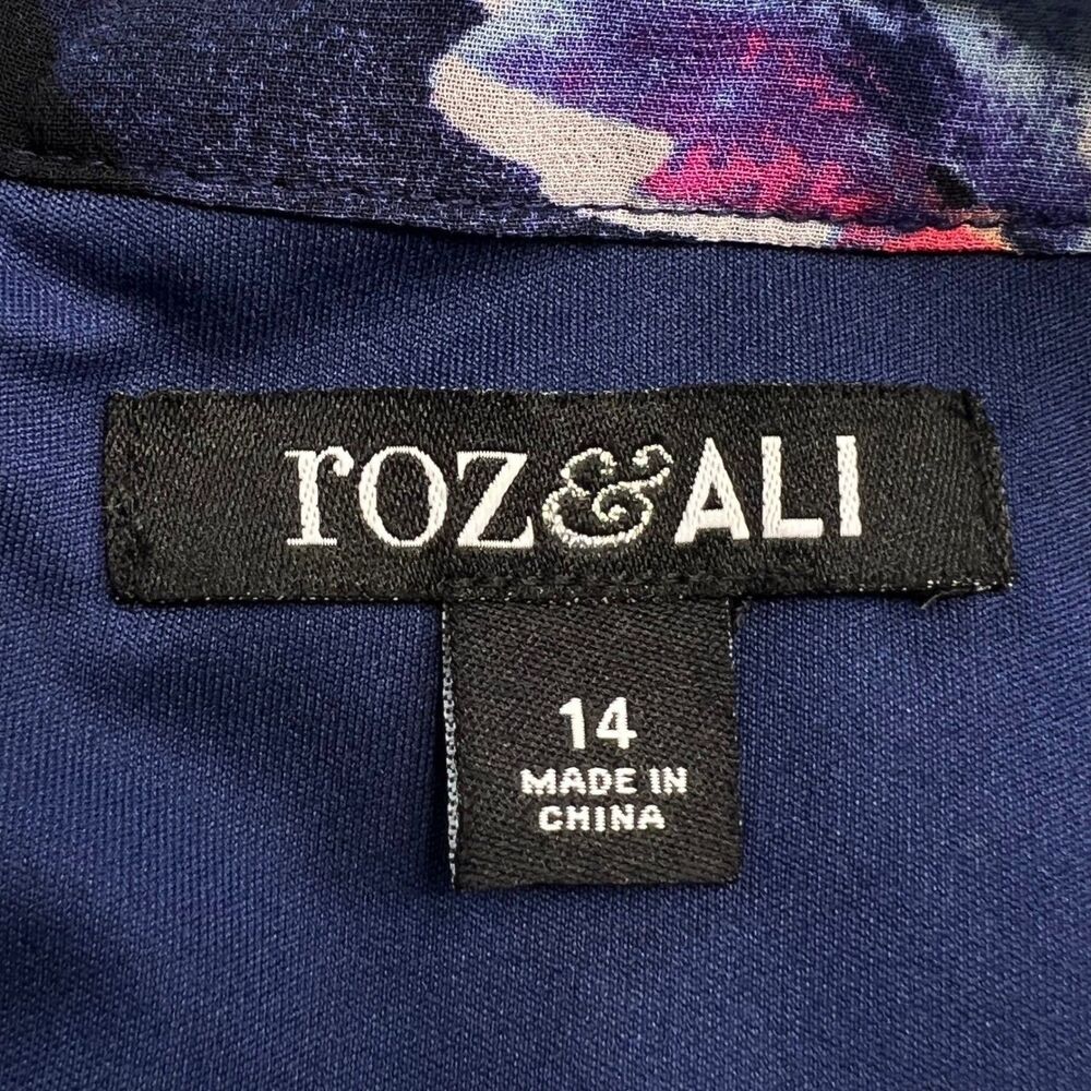 Roz & Ali Women's Floral Print Dress Size 14 Long Sleeve Sheer Overlay Navy Blue - Picture 3 of 10